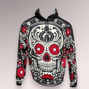 Sugar Skull - Men’s Sweatshirt Hoodie- Size XXL - Black, White and Red - Fleece